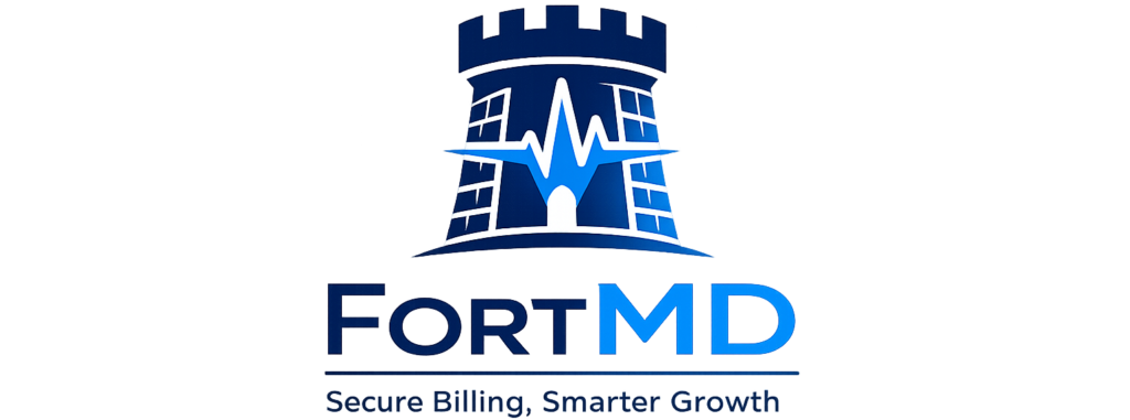 FortMD branding: a blue castle-tower logo with a white heartbeat line and the text 'FORTMD' beneath, plus the slogan 'Secure Billing, Smarter Growth'.