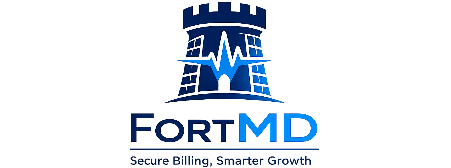 FortMD branding: a blue castle-tower logo with a white heartbeat line and the text 'FORTMD' beneath, plus the slogan 'Secure Billing, Smarter Growth'.