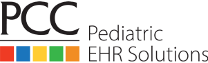 PCC Pediatric EHR Solutions logo with the text 'PCC' and 'Pediatric EHR Solutions' and a row of colored blocks