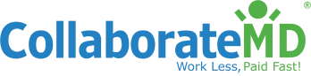 CollaborateMD logo in blue and green, with a small green figure above the MD forming a leaf-like accent.