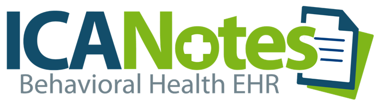 ICANotes Behavioral Health EHR logo with blue and green wordmark and a stylized stack of documents icon on the right.